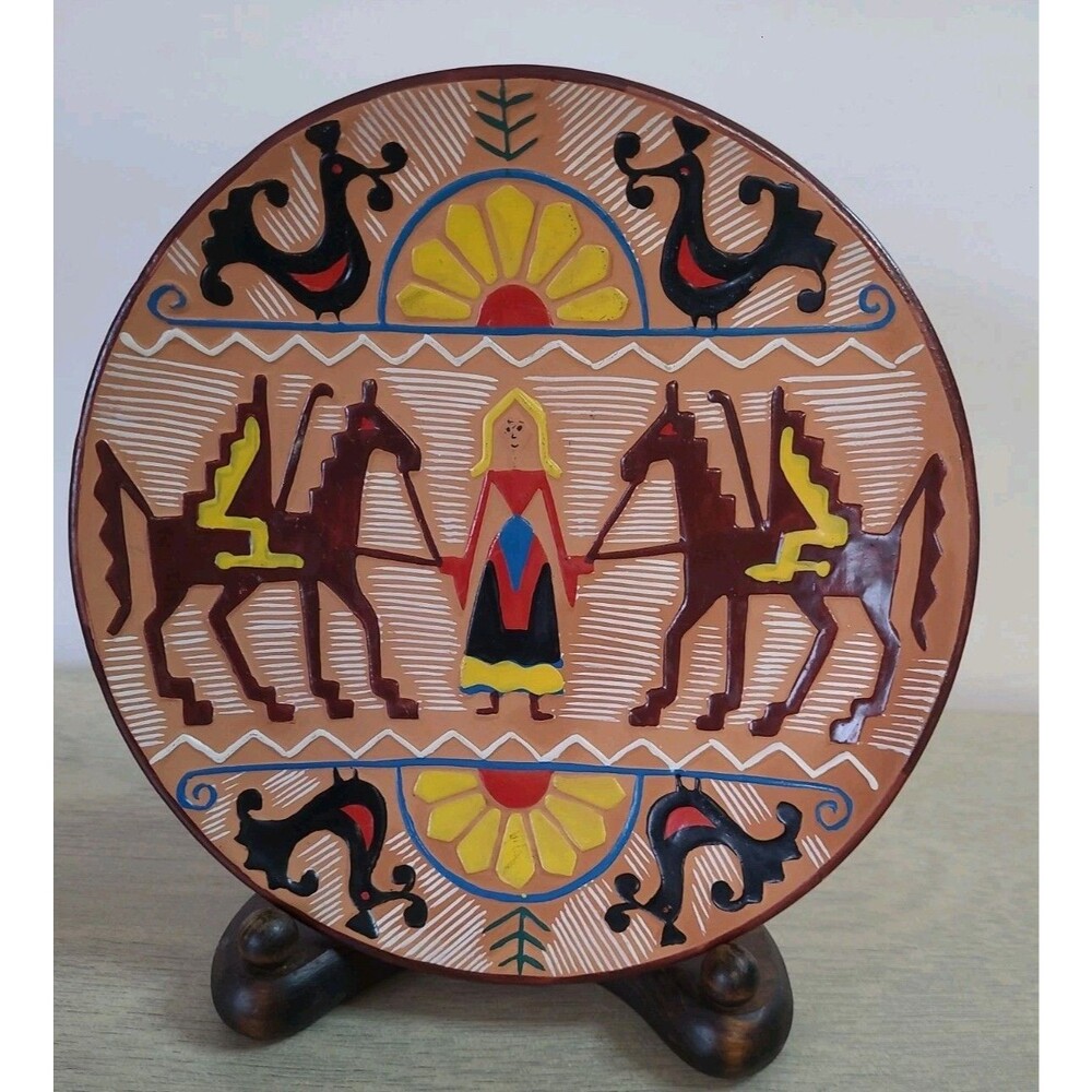 Vintage Hand-Painted Mexican Folk Art Plate Wall Hanging Terra Cotta 8"